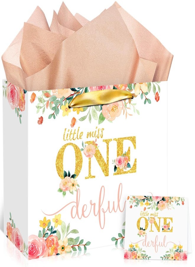 Woosytoo Baby Girl 1st Birthday Gift Bag Little Miss Onederful Gift Bag with Greeting Card and Tissue Papers Floral First Birthday Wrapping Paper Bag for Girls Newborn Baby Shower Christmas One Year Old Party - Image 1